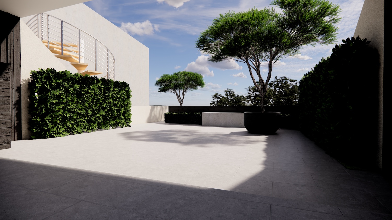 Architectural garden design visualisation showing contemporary paving, evergreen hedging and sculptural trees at a Cambridge property