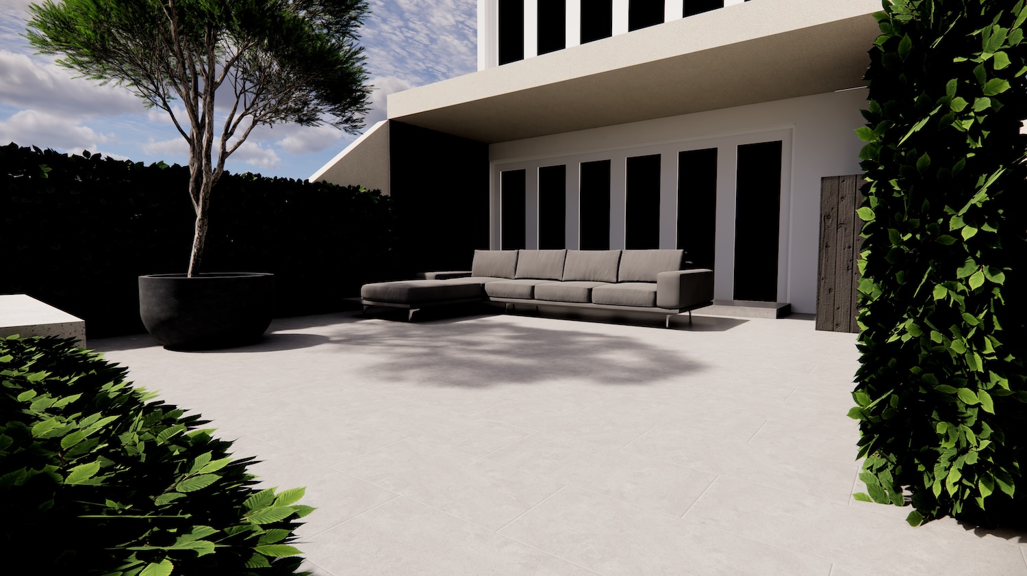 Architectural garden design visualisation showing contemporary paving, evergreen hedging and sculptural trees at a Cambridge property