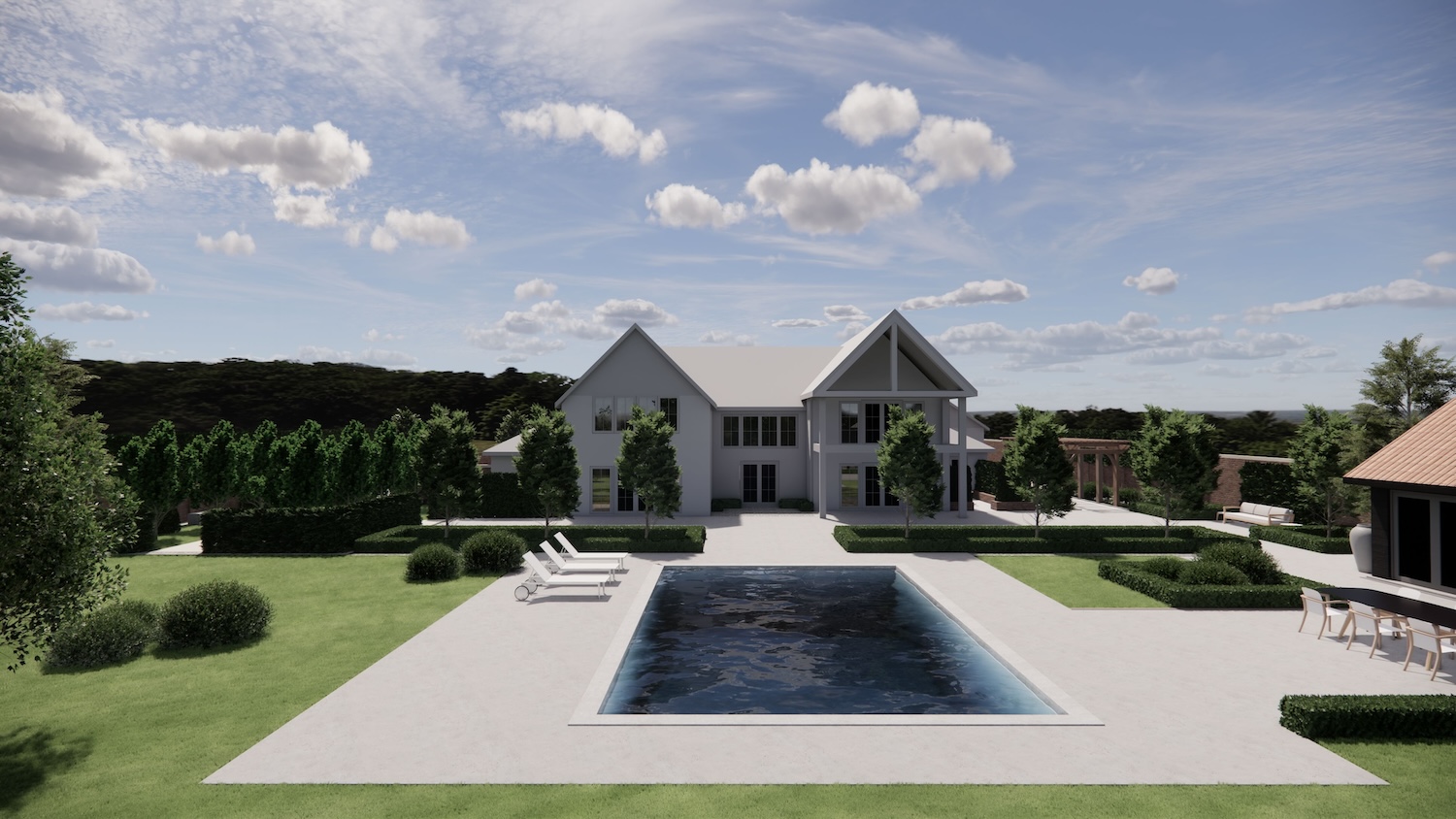 Large country house garden design near Cambridge with swimming pool and formal landscaping