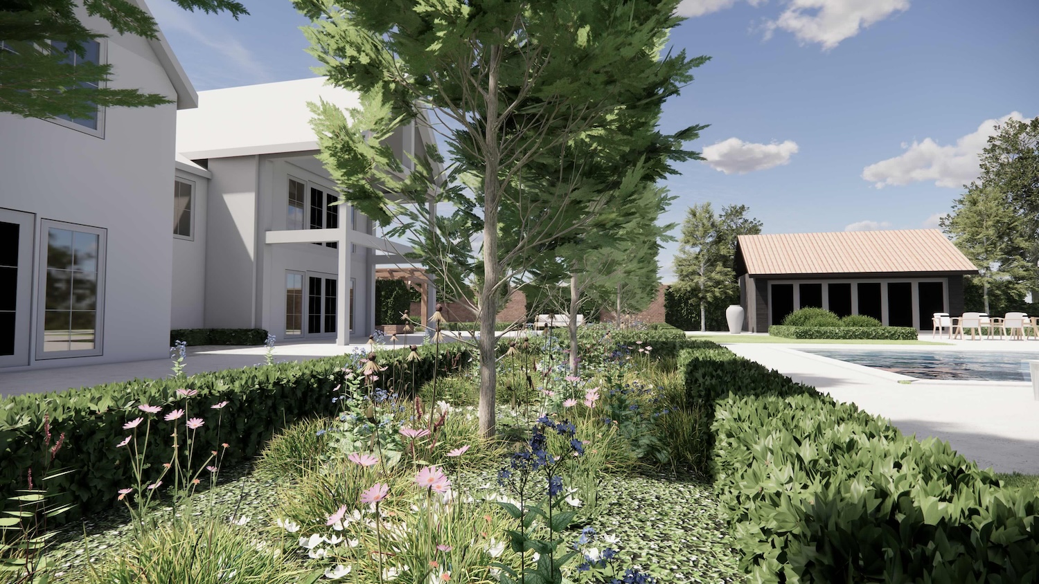 Naturalistic perennial planting in a contemporary country garden near Cambridge